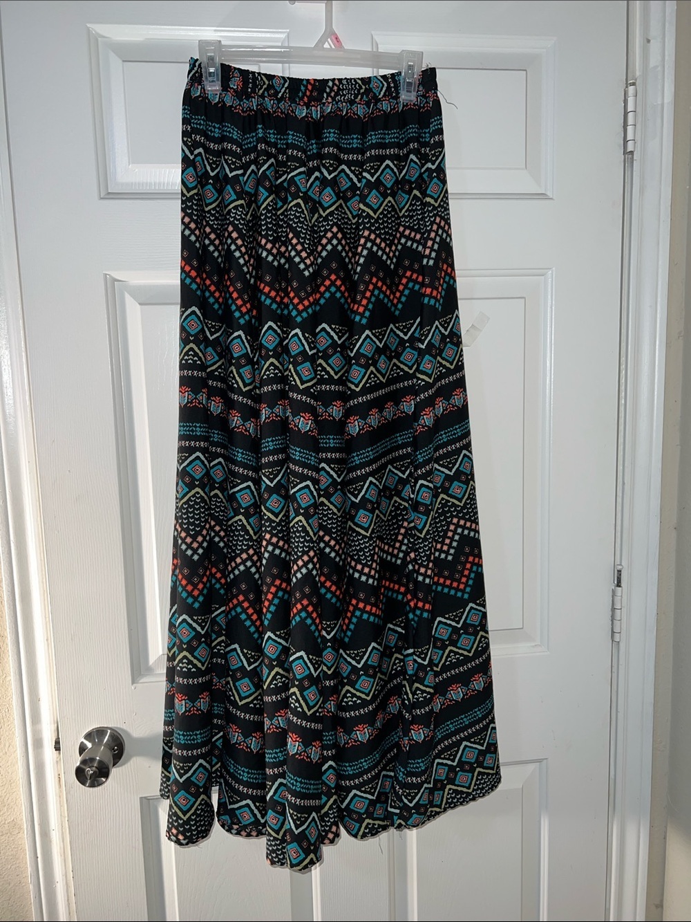 Magic Black Maxi Skirt with Teal and Coral Aztec Print